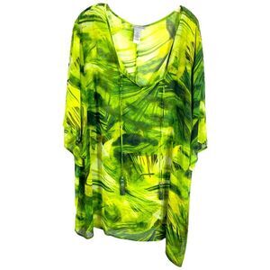 Catherines Plus Size 2X 22W 24W Tunic Top Green Tropical Tasseled Semi Sheer 398